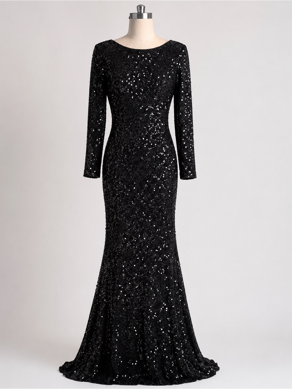 THEIA Black Sequin Mermaid Gown Boat Neck Long Sleeve Formal Dress Size 2
